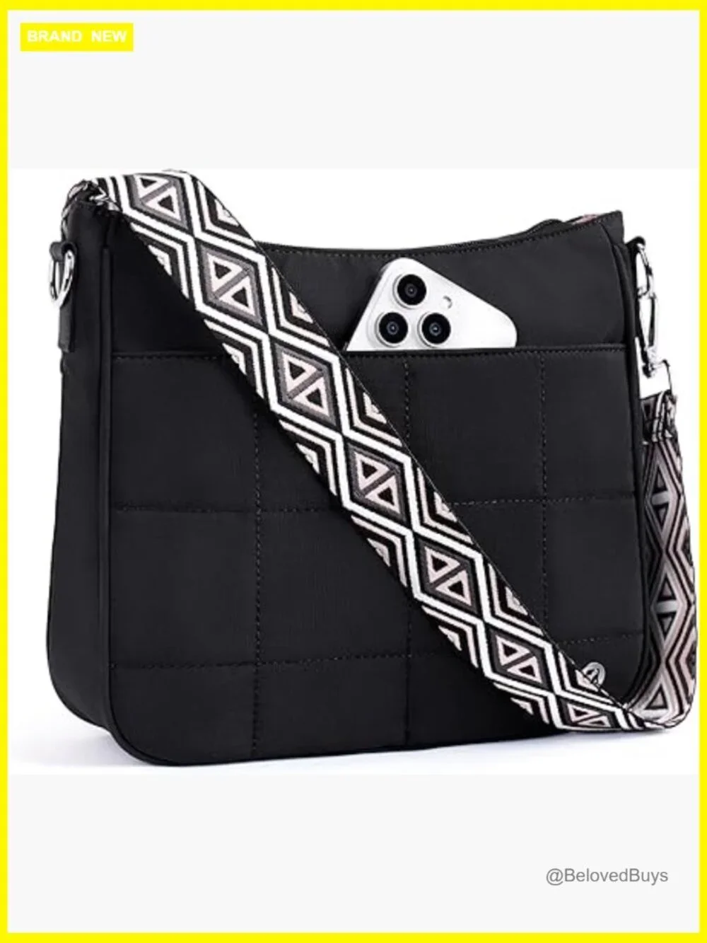 Lightweight Quilted Puffer Crossbody Hobo Bag with Guitar Strap